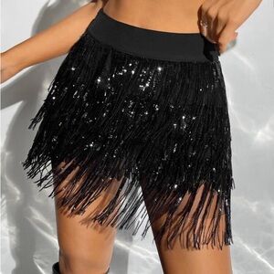 Black Sequin Fringe Mini Skirt Skort